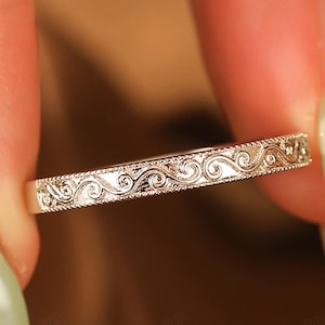 Art Deco Wedding Band Ring, Filigree Plain Gold Ring, Solid 14k Rose Gold Bridal Set Ring, Art Deco Pattern Ring, 10k Gold Stackable Ring