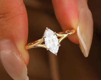 Split Band SolitaireMarquise Cut Moissanite Engagement Ring Solid 14K Gold Bridal Jewelry for Her