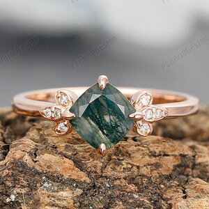 6mm Cushion Natural Moss Agate Wedding Ring Art Deco Birthstone Promise Ring