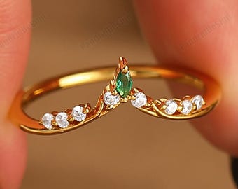 Nature Inspired Tiara Solid Gold Marquise Cut Green Emerald Leaf Curved Stacking Ring Band