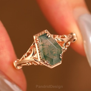 Anillo de boda antiguo de ágata musgosa tallada en forma de ataúd, anillo de compromiso de oro, regalo para eventos para ella.