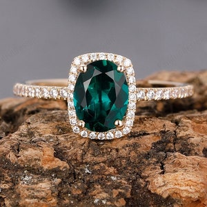 Art Deco Halo Wedding Ring, 6x8mm Oval Cut Lab Created Emerald Ring,14k Gold Green Emerald May Birthstone Engagement Ring Birthday Gift Her