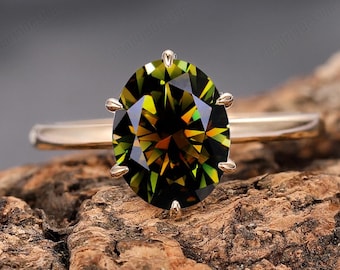 Antique 6 Prong 2.0ct Oval Black Fire Green Moissanite Diamond Proposal Ring, Solid Gold Deep Green Moissanite Engagement Anniversary Ring