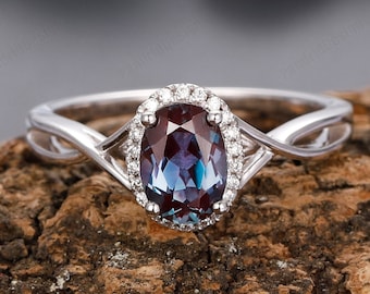 Cross Band Design Alexandrite Ring, Oval 1.00CT Alexandrite Engagement Ring, Real Diamond Accents Rose Gold Ring, Alexandrite Ring For Her