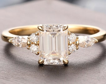 Unique Handmade 0.5-2.0 CT Emerald Cut Lab Grown Diamond Engagement Gold Ring