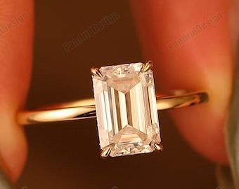 Prong Set Hidden Halo Emerald Shaped Lab Grown Diamond Engagement Anniversary Womens Jewelry