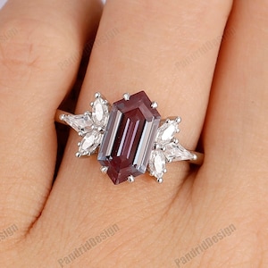 6x12mm Rectangle Hexagon Cut Alexandrite Ring, Blue Alexandrite Engagement Ring, Marquise Cut Accents Ring, Solid Gold Wedding Promise Ring