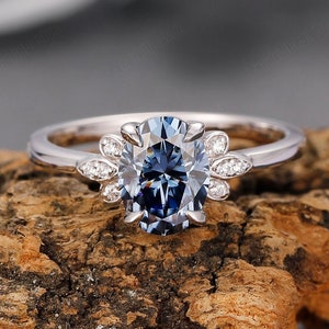 Vintage Grey Blue Moissanite Ladie&#39;s Ring Rose Gold, Antique6x8mm Oval Cut Blue Moissanite Women&#39;s Jewelry, Engagement Ringd 14k Rose Gold