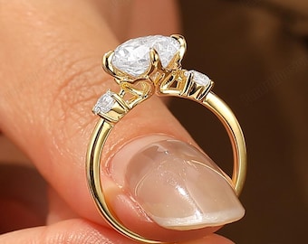 Round Moissanite Engagement Ring Yellow Gold Tulip Basket Three-Stone Filigree Cathedral Ring