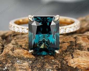 Peacock Green Engagement Ring, Classic 1-4CT Radiant Cut Teal Sapphire Wedding Ring Hidden Halo