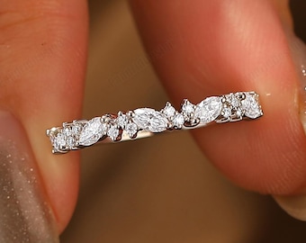 Cluster Marquise & Round Cut Lab Grown Diamond Matching Ring Band Solid Gold Wedding Ring