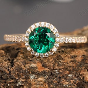 Emerald Engagement Ring, Women Emerald Ring, 6.5mm Round Cut Emerald Birthstone Ring, Emerald Promise Ring, Accents Ring, 14k Rose Gold Ring