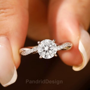 Promise Proposal Ring, Twist Band Design Ring, 7mm Round 1.25CT Genuine Moissanite Ring, Solid Rose Gold Minimalist Simulated Diamond Ring