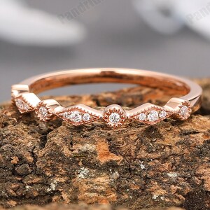 Art Deco 14k Solid Gold Wedding Band, Simulated Diamond Moissanite Ring