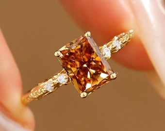 Handmade Statement Champagne Moissanite Anniversary Ring,Classic Radiant Cut 2.0CT Champagne Moissanit Engagement Ring Art Deco Jewelry Gift