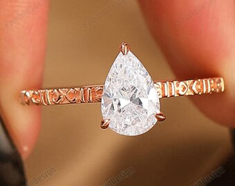 Filigree Pear Cut Moissanite Solid Gold Engagement Ring Anniversary Ring Gift for Her Lover