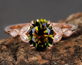 Art Deco Black Green Moissanite Engagement Ring, Rose Gold Diamond Wedding Ring
