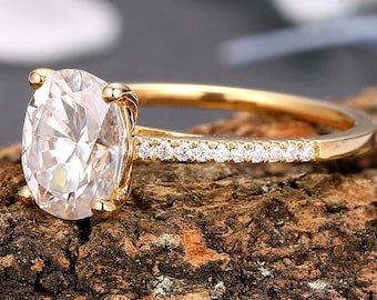 Moissanite Engagement Ring, 2.00ct Oval Cut 7x9mm Moissanite Ring, Solid Gold Half Eternity Proposal Ring, Minimalist Simulated Diamond Ring