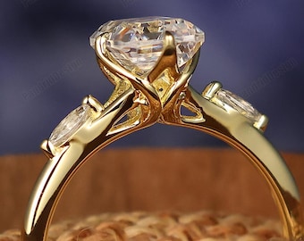 Antique Moissanite 6X8MM Emerald Cut Engagement Ring Solid Yellow Gold Basket Promise Ring