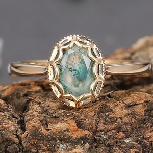 Solitaire 1.50CT Oval 6x8mm Moss Agate Engagement Ring, Bezel Set Jewelry Womens Ring