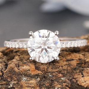 Round Cut Moissanite Engagement Ring, Vintage Filigree Hidden Halo Anniversary Moissanite Ladies Wedding Ring, Handmade Women&#39;s Promise Ring