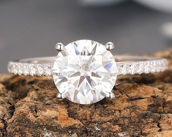 Round Cut Moissanite Engagement Ring, Vintage Filigree Hidden Halo Anniversary Moissanite Ladies Wedding Ring, Handmade Women's Promise Ring