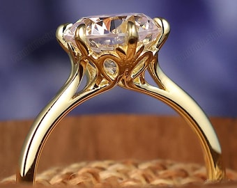 Round Moissanite Engagement Ring Vintage Filigree Cathedral Handmade Promise Proposal Ring for Her