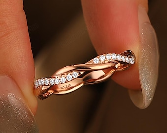 3mm Infinity Twist Lab Diamond Delicate Wedding Promise Ring Solid Gold Jewelry