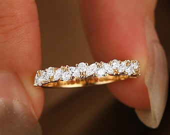 Antique Marquise Round Lab Diamond Ring Stacking Band Slid Rose Gold Womens Wedding Ring