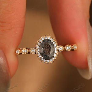 Natural Salt and Pepper Herkimer Diamond Oval Vintage Halo Promise Anniversary Gift for Her