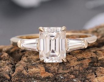 Emerald Cut Moissanite Engagement Ring, Vintage 18k Gold 3-Stone Bridal Ring