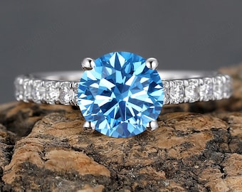 Handmade Half Eternity Round Lab Grown Blue Diamond Engagement Wedding Ring Antique Ring