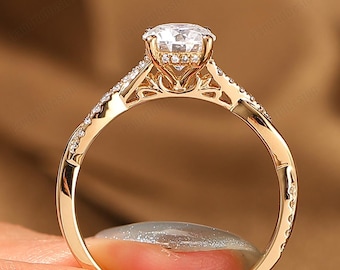 Round Lab Grown Diamond Engagement Ring, 14K Solid Gold Filigree Twist Band IGI Certified