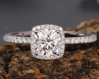 Halo Cushion Cut 6mm Simulated Diamond Ring, Pave Accents Moissanite Wedding Ring, 14k Gold Moissanite Engagement Ring, Half Etrenity Ring