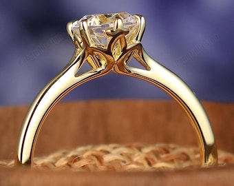 Tulip Floral Moissanite 6.5mm Round Cut Engagement Ring, 14K Solid Gold Promise Bridal Ring
