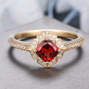Anniversary Ring, Cushion Cut 5mm Natural Red Garnet Ring, Floral Promise Ring, Solid Rose Gold Gemstone Ring, Half Eternity Wedding Ring