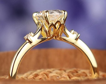 Teardrop Shaped Moissanite Diamond Promise Ring Solid Gold Art Deco Flower Bridal Proposal Ring