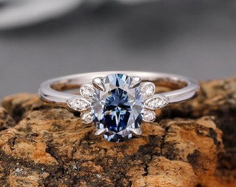 Vintage Grey Blue Moissanite Ladie's Ring Rose Gold, Antique6x8mm Oval Cut Blue Moissanite Women's Jewelry, Engagement Ringd 14k Rose Gold