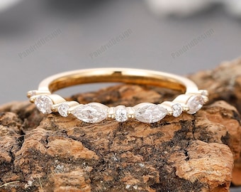 Vintage Marquise Cut Moissanite Ring Stacking Matching Ring Band, Unique Half Eternity Bridal Promise Ring, imulated Diamond Gift for Women