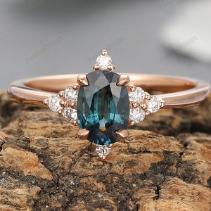 Teal saffier trouwring, natuurlijke saffierring, ovaal geslepen 5 x 7 mm groenblauw saffier verlovingsring roségoud, 14k/18k gouden natuurlijke edelsteenring