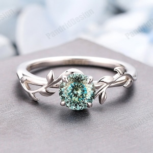 Portuguese Cut Blue Moissanite Rose Gold Leaf Shape Ring, Ladies&#39; Jewelry, Dainty Genuine Moissanite Wedding Ring, Art Deco Engagement Ring