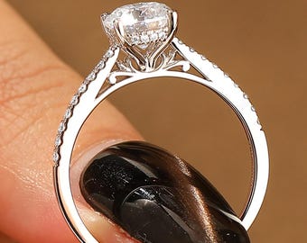 Vintage Filigree Hidden Halo Anniversary Moissanite Ladies Wedding Ring, Handmade Women's Promise Ring