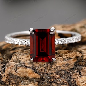 Garnet Gemstone Promise Ring, Emerald Cut 6x8mm Natural Red Garnet Ring, Solid 14k Gold Red Garnet Ring, Unique Red Garnet Engagement Ring