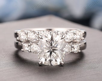 Antique Ring Set, 2.0CT Long Cushion Cut Moissanite Bridal Set, Art Deco Moissanite Wedding Ring Set, Simulated Diamond Engagement Ring Set