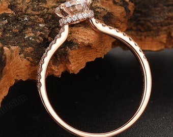 Hidden Halo Moissanite Engagement Ring, Solid Gold Simulated Diamond Wedding Ring