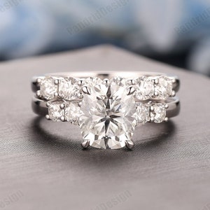Antique Ring Set, 2.0CT Long Cushion Cut Moissanite Bridal Set, Art Deco Moissanite Wedding Ring Set, Simulated Diamond Engagement Ring Set