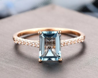 Halo Simulated Diamond Engagement Ring, 6x8mm 2.0CT Emerald Cut Natural Blue Topaz Ring, 14k Rose Gold Wedding Promise Ring, Custom Jewelry