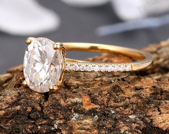 Oval Moissanite Engagement Ring, Gold Wedding Ring with Pave Simulated Diamond Jewelry
