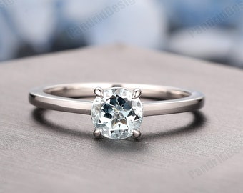 Natural Aquamarine Engagement Ring, Solitaire Ring 14k Solid Yellow Gold, Aquamarine Promise Ring, Birthstone Ring, Gemstone Women's Ring
