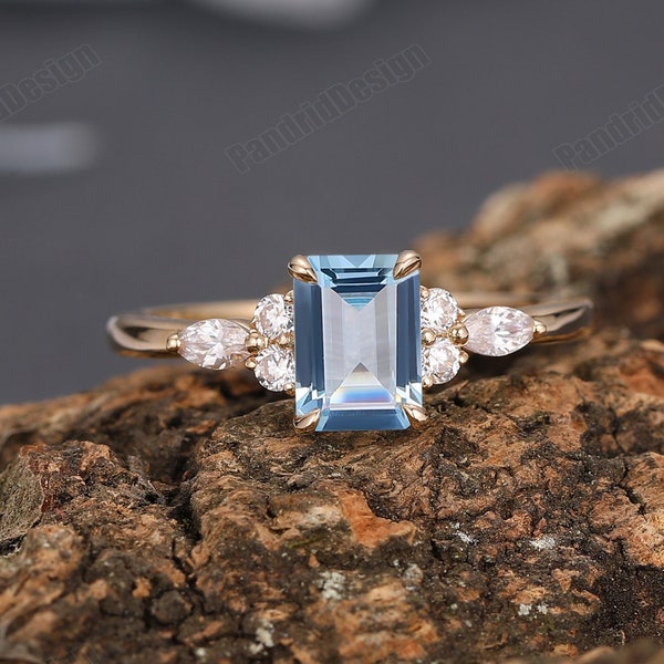 Graduation Gift,1.0CT Emerald Cut Natural Aquamarine Ring Antique Jewelry,18k Solid Gold Aquamarine Gemstone Engagement Wedding Promise Ring